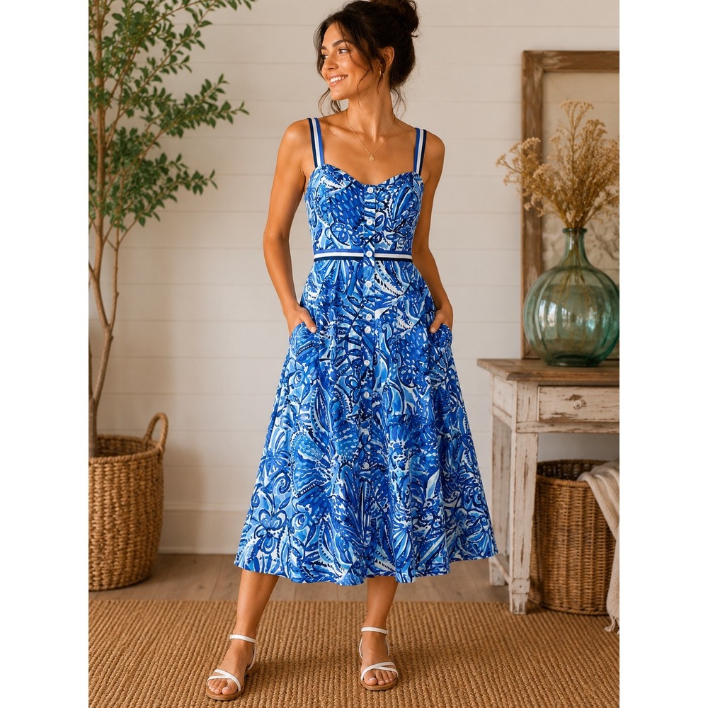 Lilly Pulitzer Ellee Midi Dress 2 Iris Blue Zanzibar Zoo Cotton Pockets 002988